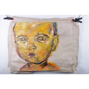 Vintage Canvas Abstract Yellow Baby Face Painting Estate Sale Sad Child Painting